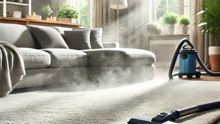 A clean living room with a professionally steam-cleaned carpet, featuring a blue steam cleaner in use. The room is bright and fresh, highlighting the results of professional cleaning.