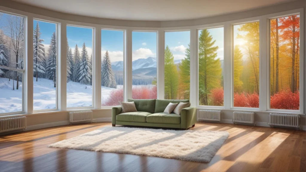 A clean living room with large windows showing each season: winter, spring, summer, and fall. The room features a plain, solid-colored carpet, kept spotless with professional carpet cleaning services. (AI-generated image)