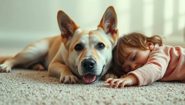 AI-generated image of a child and a dog on a carpet, illustrating the safety of eco-friendly carpet cleaning solutions for kids and pets.