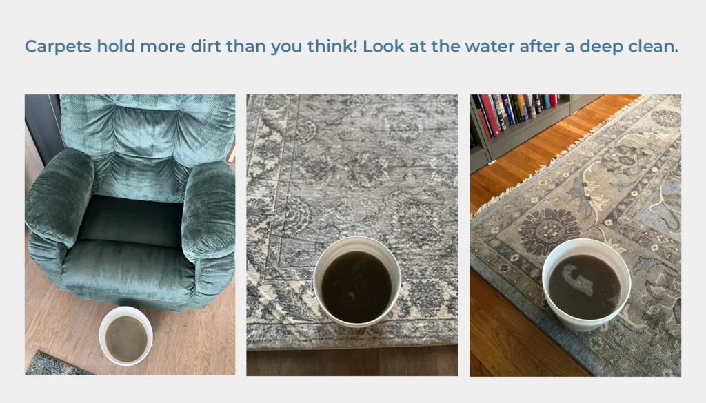 Dirty water after deep carpet cleaning, showing the amount of hidden dirt in carpets.