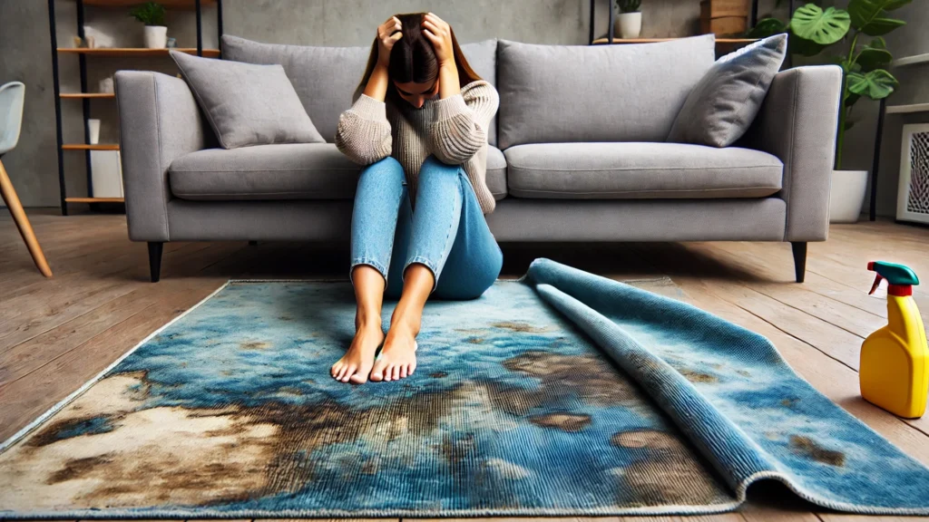A frustrated woman sitting next to a damaged blue carpet caused by harsh chemical cleaning, showing the consequences of skipping professional carpet cleaning. Visible discoloration and fading highlight the need to consider carpet cleaning costs.