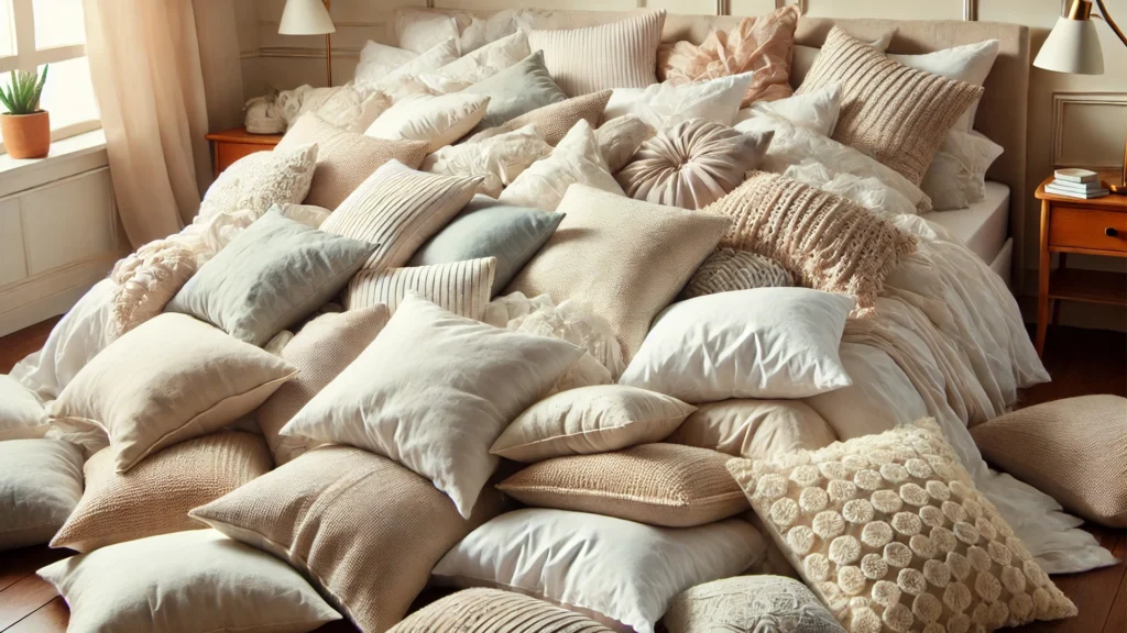 A cozy bed overflowing with soft, plush pillows of various sizes and textures. The inviting arrangement of pillows creates a warm and relaxing atmosphere, emphasizing comfort and abundance, much like the refreshing effect of a deep carpet cleaning near me.