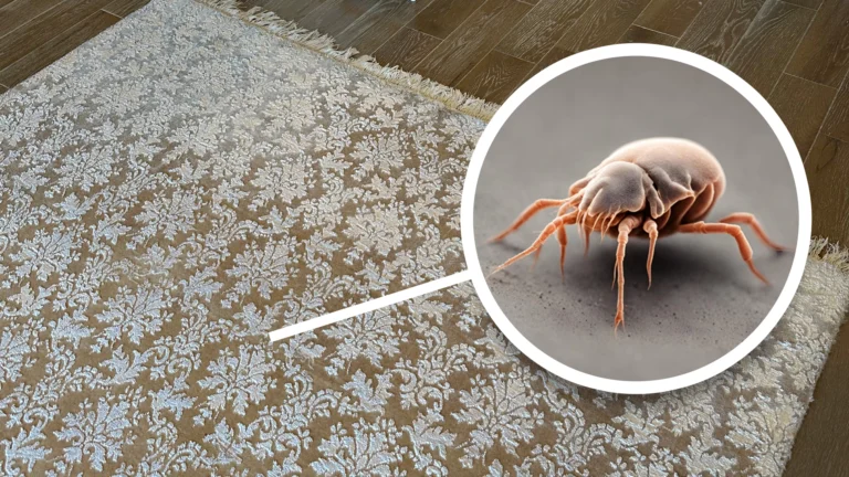 Close-up of a dust mite magnified above a patterned carpet, highlighting carpet cleaning near me cost and the importance of professional allergen removal.