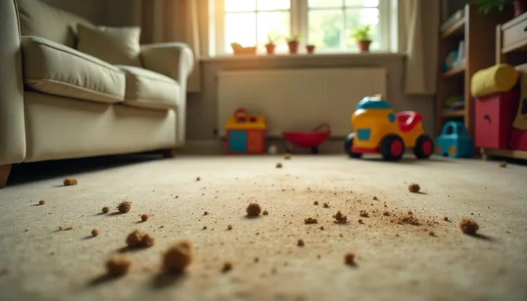 Dirty carpet in a living room with scattered debris and toys, highlighting the importance of carpet cleaning quotes near me for a healthier home.