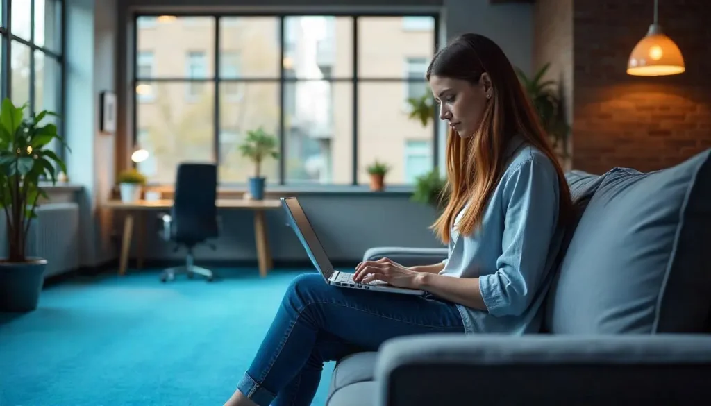 A woman working comfortably in a clean office after professional eco-friendly cleaning services, comparable to the thoroughness of a whole house carpet cleaning cost investment.