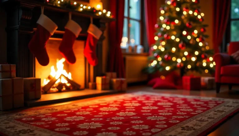Festive living room with a clean red carpet, Christmas tree, and fireplace, showcasing the benefits of affordable carpet cleaning costs near me.